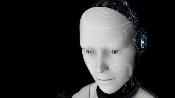 机器人被激活移动它的头眼睛和扫描环境人工智能镜头移开了4k3d动画在黑色背景上