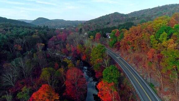 在宾夕法尼亚州波科诺斯小镇肯克尔敦的路上俯瞰秋天的树叶空中无人机视频