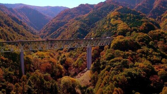 桥和车在秋叶的山上流动