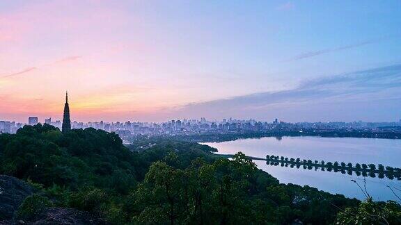 4K:杭州城市景观鸟瞰图在黎明的一天中国