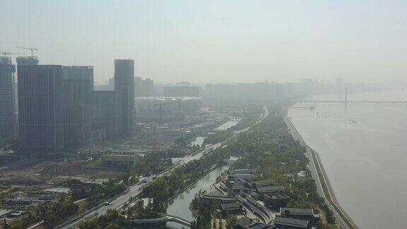 晴朗的一天杭州城滨江著名体育场区兆建场航拍全景4k中国
