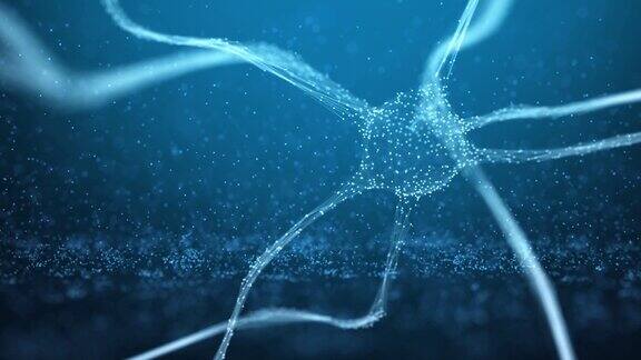 神经元细胞运动在抽象的蓝色背景与下落的粒子