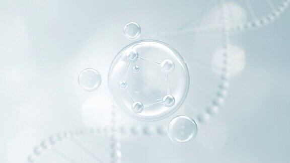 分子里面的泡沫化妆品精华液体滴在科学背景3d动画