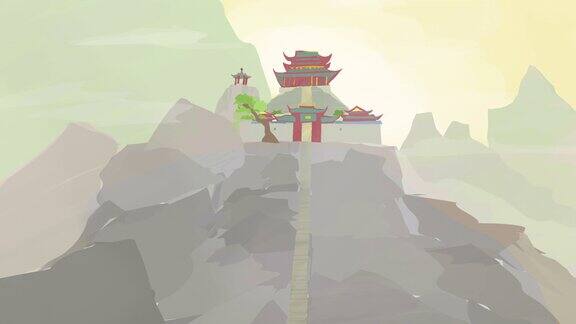 无缝循环中国传统的宝塔宫殿山风格化的4K2D动画