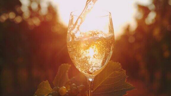 日落时分将白葡萄酒倒入杯中