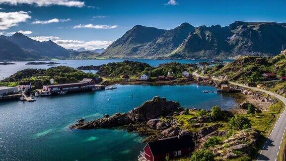 挪威罗浮敦群岛风景如画的海岸线航拍镜头