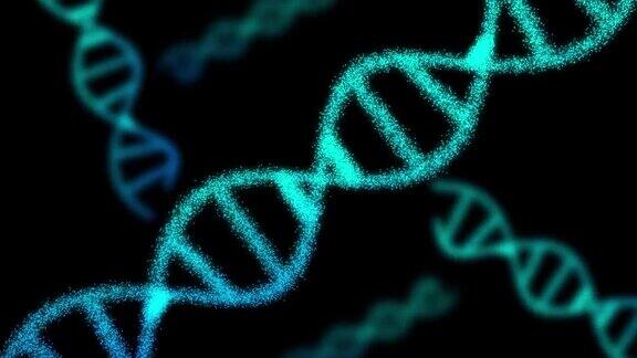 5个由粒子组成的DNA在黑色背景上的2D动画60fps这个物体是斜的重点是在前面