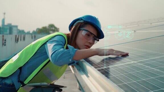 技术人员检查太阳能电池板与未来动画效果太阳能面板上的HUD图形