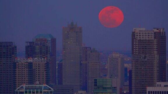 东京城市景观月亮在摩天大楼上升起