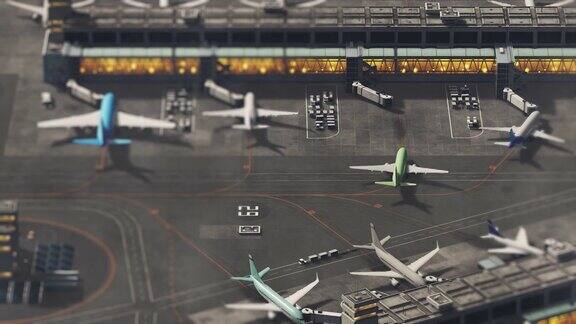 3D商业机场鸟瞰图与飞机客运码头跑道和服务机械渲染从上往下看现代飞机停泊在国际机场倾斜变换特效镜头
