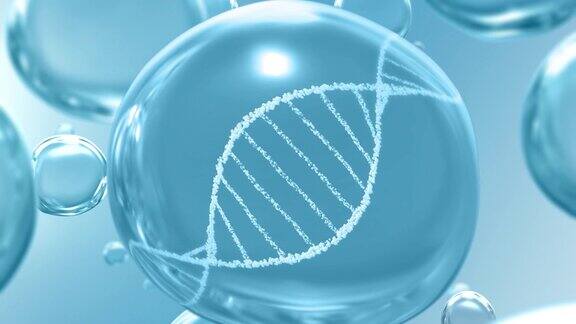 美容保健产品概念环背景白色DNA螺旋和蓝色透明液滴