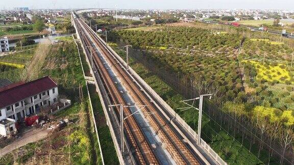 航拍中国高铁在高架平台上经过