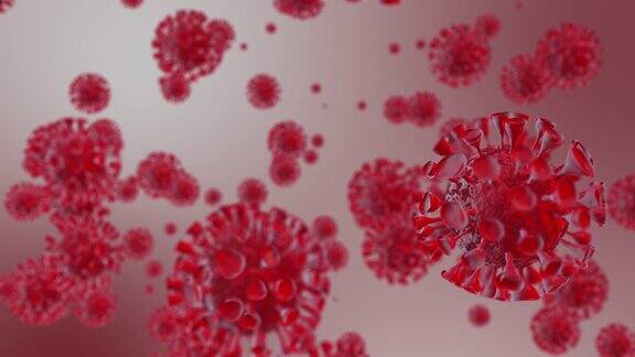 逼真的红色病毒模型和血细胞冠状病毒、COVID-19医学动画冠状病毒流感作为一种危险的流感病毒株病例作为一种大流行显微镜下病毒的特写