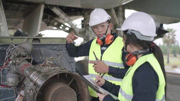 亚洲男性和女性工程师维修飞机团队维修修理现代化和翻新前飞机在机场