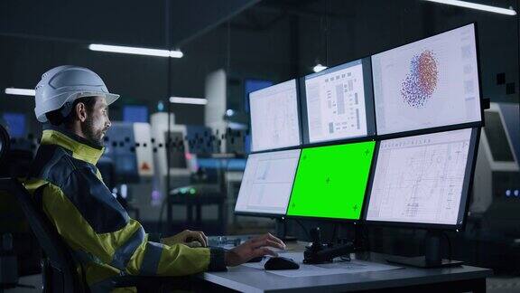 工业4.0现代工厂:英俊的男性操作员控制设施使用计算机多屏幕包括:绿屏色度键人工智能概念机器学习UI