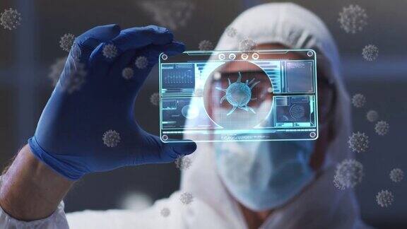 戴口罩的科研人员观看病毒细胞动画和数字接口