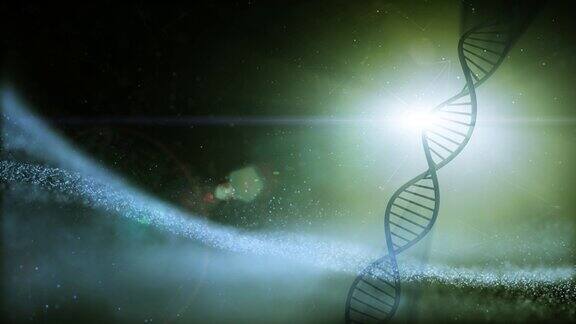 未来的发光dna细胞旋转发光粒子动画的黑暗背景与明亮的光