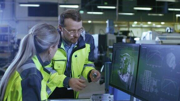 在工厂:男机械工程师拿着零件女总工程师在电脑上工作他们讨论3D引擎模型设计的细节