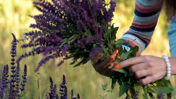 特写美丽的女人在森林里收集一束野花