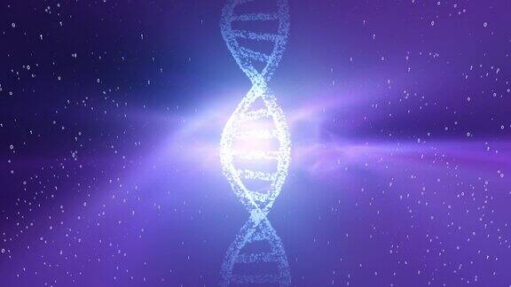 发光的DNA链科学背景与宇宙紫蓝光和二进制代码数字动画背景