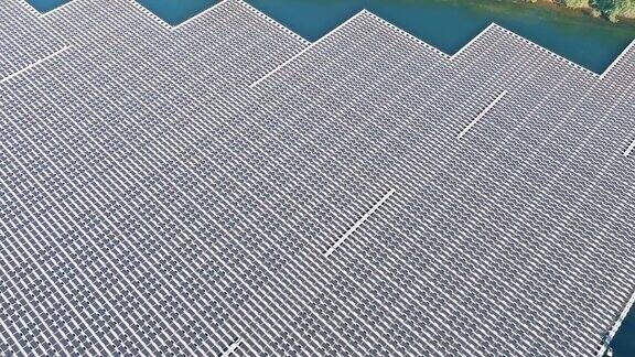 湖面上漂浮的太阳能电池板电池动力系统替代能源平台鸟瞰图