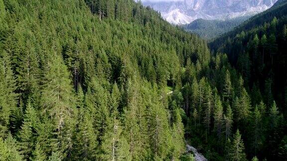 无人机视频在意大利阿尔卑斯山白云石圣玛达莱纳圣马达莱纳河与Furchetta峰的背景
