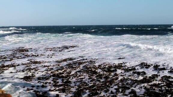 飞过布满岩石的海岸线飞过海浪