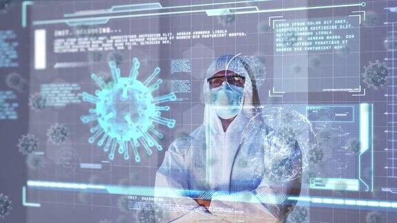戴口罩的科研人员观察病毒细胞动画和数字接口