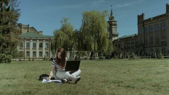 漂亮的女学生在草坪上用笔记本电脑工作