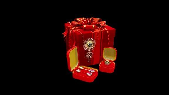 珠宝首饰礼品-红色礼盒金戒指耳环和钻石项链孤立