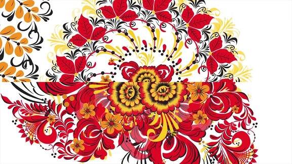 在白色的背景上画着俄罗斯的红色花朵和浆果抽象分形变换背景白色背景上的红色科赫罗玛