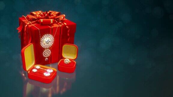 红盒子上有金戒指耳环和钻石项链