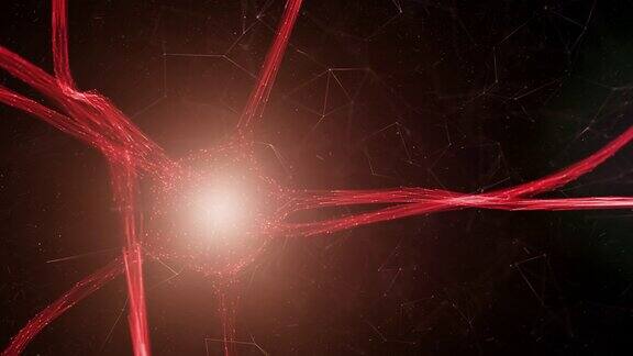 艺术暗红色神经元细胞在黑色动画背景上的大脑