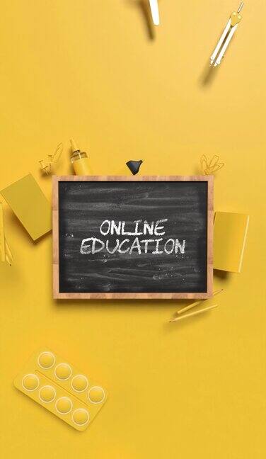 垂直回校在线教育理念与黄色学校设备背后的黑板在黄色背景4K分辨率