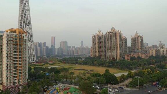 日落时分广州市中心名塔公园航拍4k中国全景