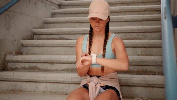 年轻的健康女性在户外锻炼休息期间使用智能手表