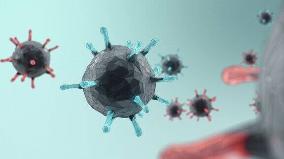 3D动画爆发COVID-19概念显微镜下的数字病毒病毒在人体内传播细胞感染生物