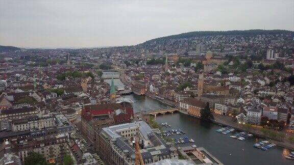 瑞士夜间照明苏黎世河城市景观航拍全景4k