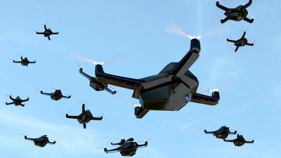 一群安全无人机带着监控摄像头在空中飞行