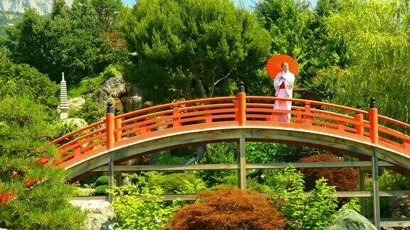 一名年轻女子在日本公园的一座桥上背景是瀑布