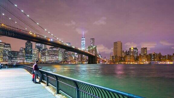 夜晚灯光布鲁克林大桥湾曼哈顿4k时间从纽约