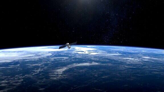 卫星卫星远离摄像机飞行地球在快速旋转4k美国国家航空航天局