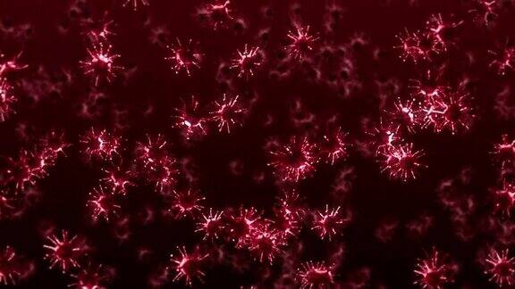 在红色背景上飞行着许多病毒细胞医学概念显微镜图解病毒分子旋转的三维动画循环动画