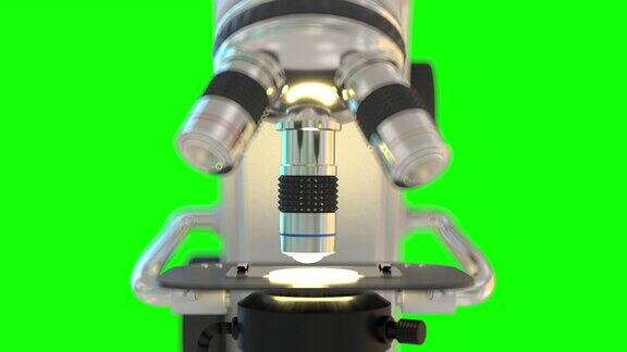 4K概念医学剪辑艺术-现代电子科学显微镜前视图与散景效果-隔离在绿色屏幕上chromakey使用超高清帧数60FPS3D动画