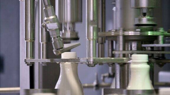 在牛奶公司的生产线上白色塑料奶瓶的镜头瓶子被填充和密封
