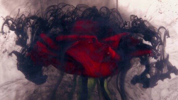 这是一张美丽的玫瑰和墨水在水中混合的照片
