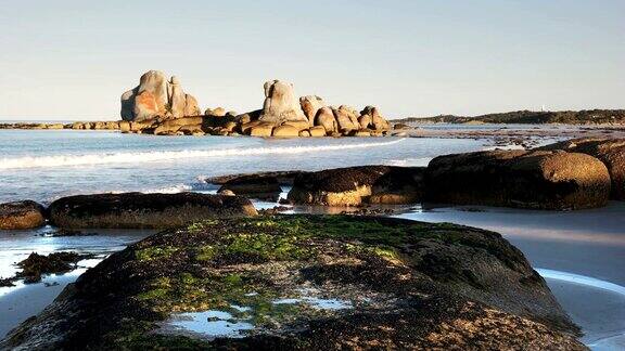 澳大利亚塔斯马尼亚的野餐岩石上覆盖着海藻