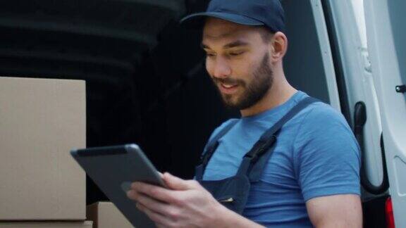 微笑的快递员用平板电脑检查他的货物数量