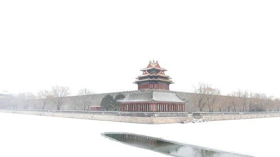 北京紫禁城角楼在雪中