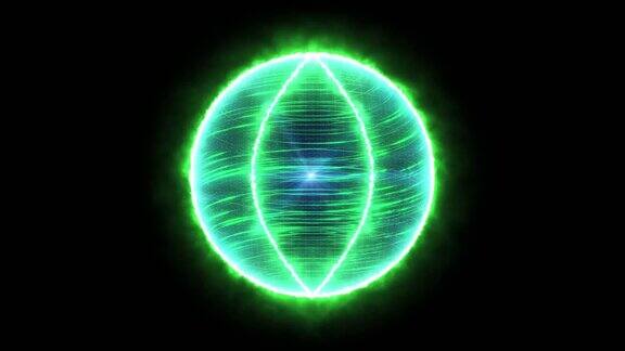 抽象绿色粒子球魔法球燃烧着火焰并发光原子或分子技术的科学